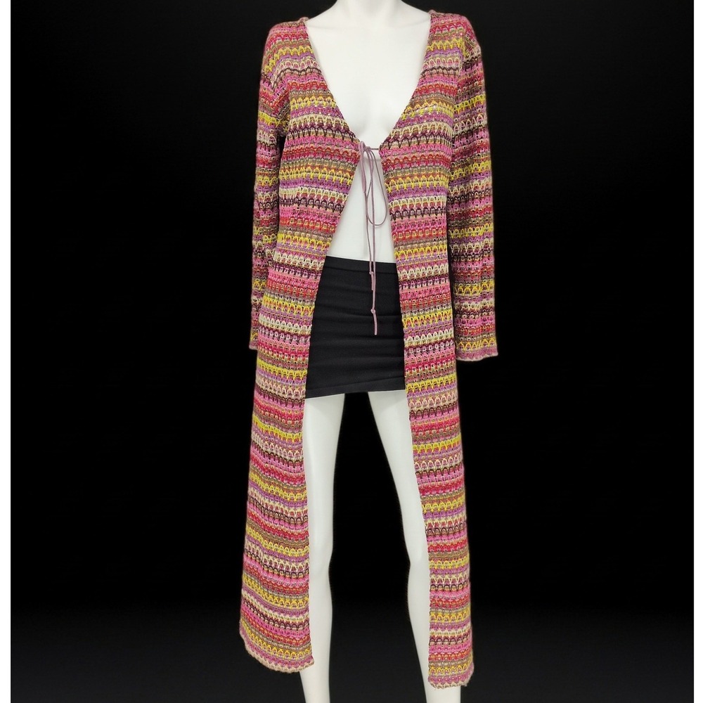 Vtg Windsor Crochet Duster Cardigan Y2K Tie Front Knit Boho Festival USA Small